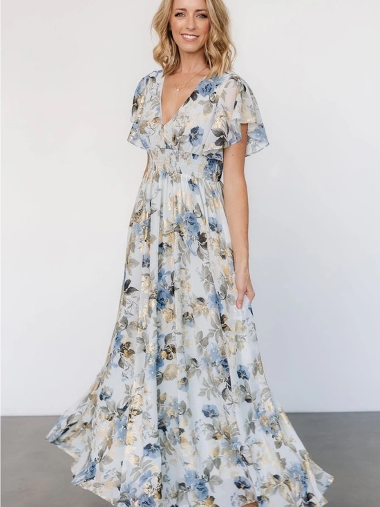 Baltic Born Dresses & Skirts - Baltic Born Lynlee Dress- Dusty Blue Floral Maxi Dress with Gold Accents